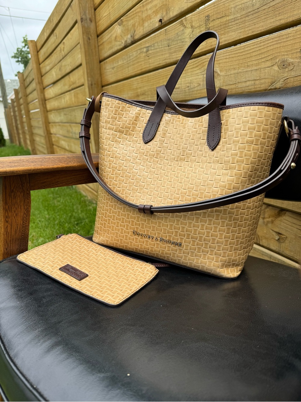 Dooney & Bourke Camden Woven Leather Tote Bag & Matching Pouch Set - Tan/Brown
